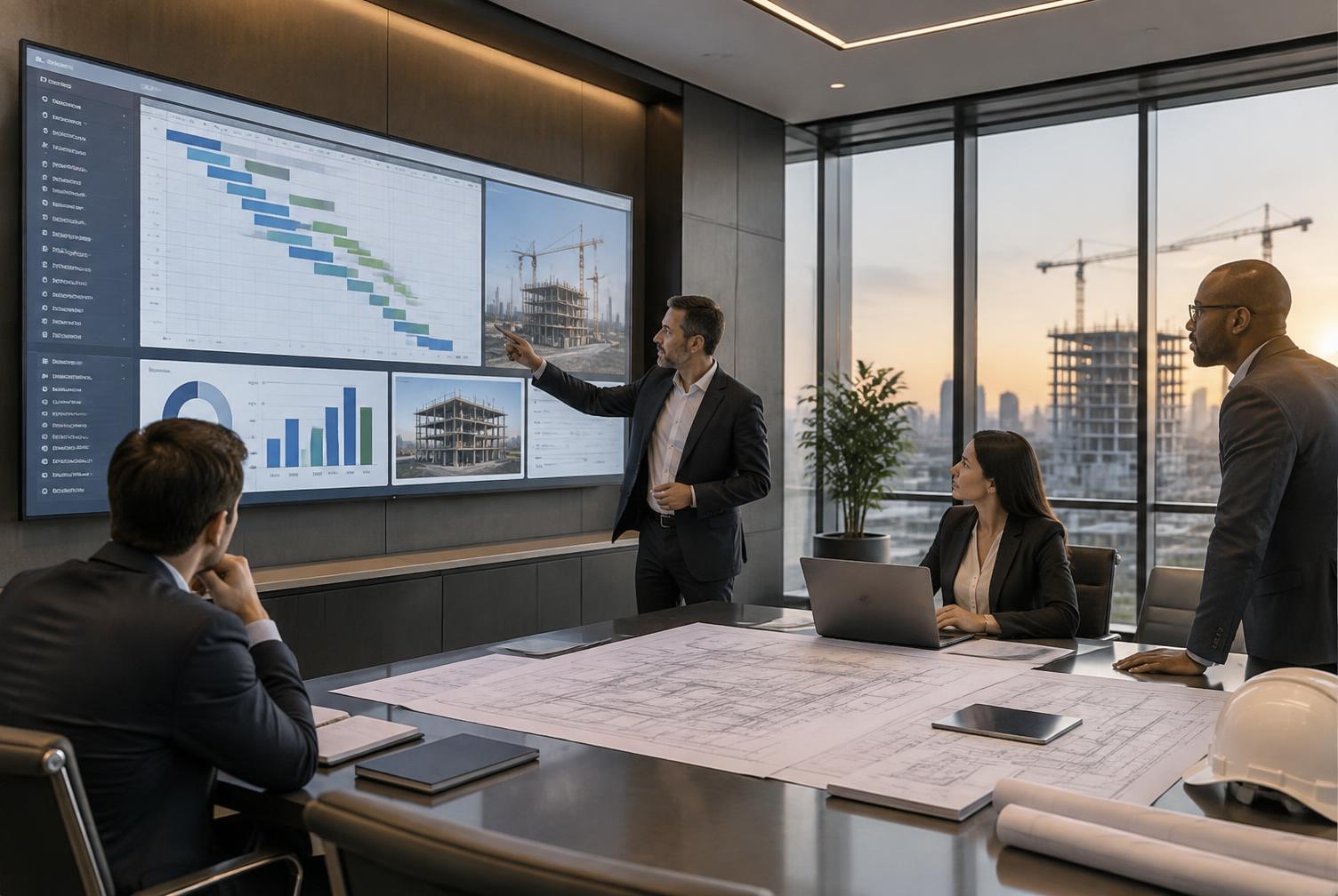 Project control room with construction dashboard, plans and a team reviewing delivery progress